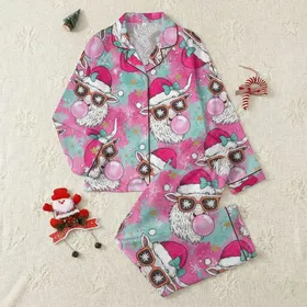 Festive Animal Lovers' Whimsical Shaggy White Highland Cow Pattern, Fuchsia Santa Hat, Teal Watercolor, Glitter Stars Satin Pajamas Set