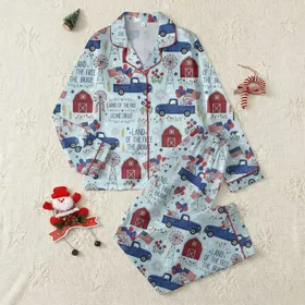 Patriotic Farm Lovers' Whimsical Barn Red Blue Farm Scene with Windmills, Flags & Fireworks Pattern Satin Pajamas Set