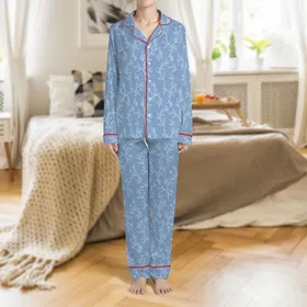 Bridesmaids' Elegant White Botanical Vine Pattern on Soft Powder Blue Satin Pajamas Set