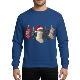 Cat Lovers' Whimsical Tabby Cat in Red Santa Hat from Cream Stocking, Festive Patterned Socks, White Snowflakes, Merry Fluffmas Sweatshirt