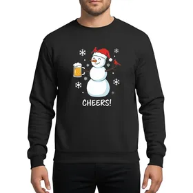 Festive Gatherings Fans Whimsical Hand-Drawn Snowman, Amber Beer Mug, Red Santa Hat, Red Cardinals & White 'CHEERS!' Sweatshirt