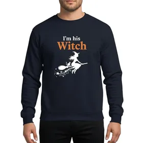 Couples' Halloween White Orange 'I'm His Witch' Broomstick Witch Cat Silhouette Sparkling Star Trail Sweatshirt