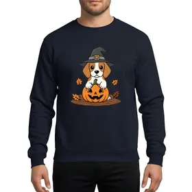 Dog Lovers' Cute Beagle Puppy Witch Hat Jack-o'-Lantern Autumn Leaves Orange & Grey Illustration Sweatshirt