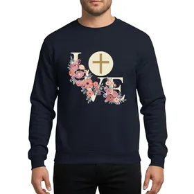 Floral Art Lovers' Creamy Ivory LOVE Word Art with Muted Gold Cross, Dusty Rose Peony & Peach Blossom Sweatshirt