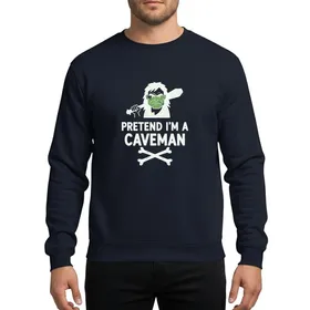 Halloween Fans' Primitive White Caveman Head & Crossbones Graphic with Distressed "PRETEND I'M A CAVEMAN" Text Sweatshirt