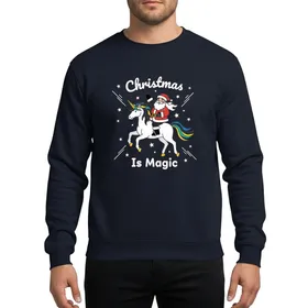Holiday Enthusiasts' Whimsical Cartoon Santa Riding Rainbow Unicorn Festive Starry Magic Design Sweatshirt