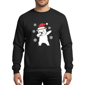 Christmas Fans' Playful Dabbing Polar Bear Red Santa Hat White Pom Pom Pink Cheeks Cartoon Snowflakes Sweatshirt