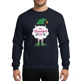 Holiday Party Goers' Playful Green Striped Elf Hat, Red Crown, White Bearded Elf Text, Red Striped Stockings Sweatshirt