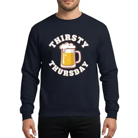Party Goers' Bold Cartoon Golden Yellow Beer Mug Rustic Red-Brown Outline Distressed White THIRSTY THURSDAY Typography Sweatshirt