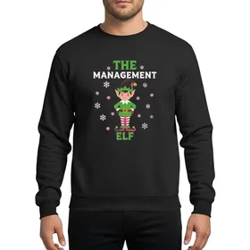 Holiday Families Distressed 'THE MANAGEMENT ELF' Text, Stylized Upright Elf Character & Festive Snowflake Accents Sweatshirt