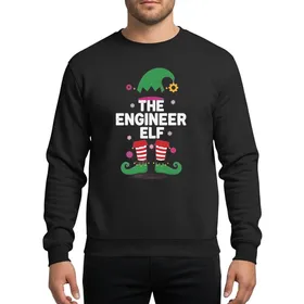 Holiday STEM Enthusiasts Whimsical Green Elf Hat with Golden Gear & White 'ENGINEER ELF' Text, Red Striped Details Sweatshirt