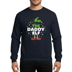 Fathers' Vibrant Red Green White 'THE DADDY ELF' Christmas Art with Jester Hat & Striped Socks Sweatshirt