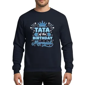 Mermaid Celebration Adult Playful Blue & White 'TATA of the BIRTHDAY Mermaid' Typography with Crown, Seashells, Starbursts & Bubbles Sweatshirt