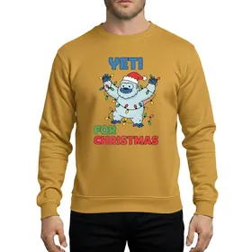 Holiday Celebrators' Energetic Blue-Grey Yeti Tangled in Red, Green, Blue, Yellow Christmas Lights & Santa Hat Artwork Sweatshirt