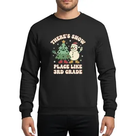 3rd Grade Educators' Cheerful Snowman & Christmas Tree Retro Cartoon Muted Green Red Golden Groovy Text Sweatshirt