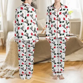 Festive Celebration: Black Reindeer Antlers, Multicolored Lights, Red Santa Hats, Green Plaid Snowflakes Satin Pajamas Set