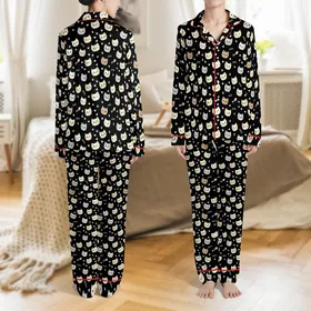 Cat Lovers' Black Cream Grey Pink Winking Cat Faces White Paw Prints Fish Milo Graphic Satin Pajamas Set