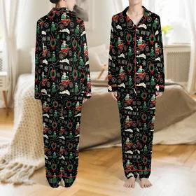 Dirt Bike Families' Black Christmas Santa Motocross Pattern, Cream-White 'OH, WHAT FUN IT IS TO RIDE', Teal, Red, Orange Satin Pajamas Set