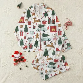 Women's Whimsical Forest Green Red Christmas Trees Reindeer Gingerbread Ballet Storybook Pattern Satin Pajamas Set