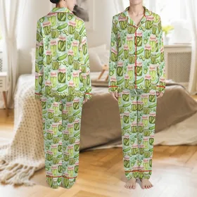Girlie Pickle Fans' Coquette Pink Bow Watercolor Pickle Jar & Dill Botanical Pattern on Pale Mint Satin Pajamas Set