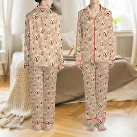 Golden Retriever Lovers' Photorealistic Golden Retriever Faces & Golden Paw Print Pattern, Muted Peachy Pink Satin Pajamas Set