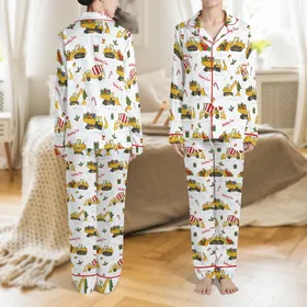 Kids' Playful Yellow Construction Vehicles Holiday Fun Pattern with Excavators, Gifts, Holly on White Satin Pajamas Set
