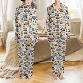 Kids' Busy Builders Royal Blue Orange Yellow Construction Vehicle Weekday Seamless Design Satin Pajamas Set