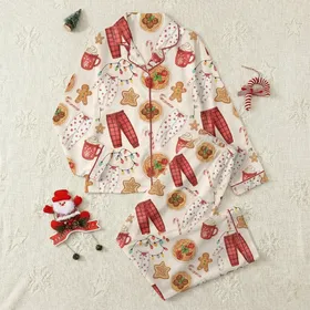 Cozy Christmas Enthusiasts' Whimsical Watercolor Spaghetti Pajama Gingerbread & Lights Pattern Satin Pajamas Set