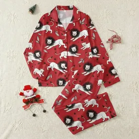 Children's Vibrant Cherry Red Hand-Drawn White Lions & Cubs Bold Black Outline Flat Art Pattern Satin Pajamas Set