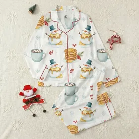 Winter Gathering Hosts' Whimsical Watercolor Snowman Pancake Hot Chocolate Berry Pattern Satin Pajamas Set