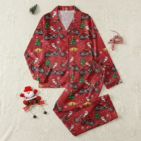 Biker Family Festive Red Illustrative Santa Vintage Motorcycle Christmas Tree Pattern Satin Pajamas Set