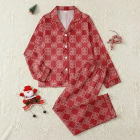 Children's Deep Rich Red White Classic Rococo Intricate Ornate Filigree Pattern Satin Pajamas Set