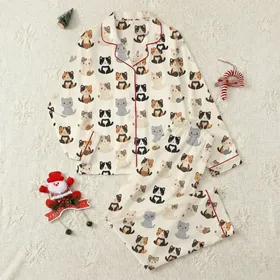 Cat Lovers' Adorable Chibi Crocheted Plushie Kitten Seamless Pattern in Cream, Brown, Black, White, Gray & Orange. Satin Pajamas Set