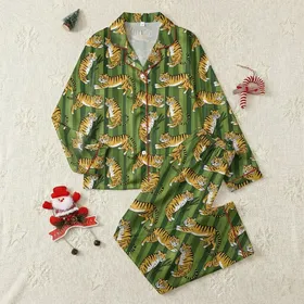Women's Playful Yellow Gold Tiger Folk Art Deep Green Vertical Stripe Satin Pajamas Set
