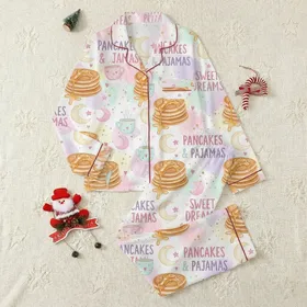 Cozy Comfort Enthusiasts' Whimsical Watercolor Pancakes, Pastel Moons, Stars, and Golden Syrup Pattern Satin Pajamas Set