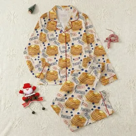 Breakfast Lovers' Vintage Illustrative Pancake Blueberry Golden Syrup Oatmeal Beige Abstract Typography Satin Pajamas Set
