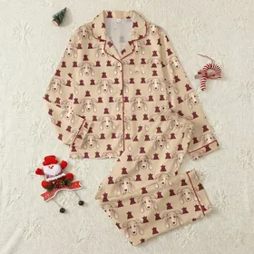 Sighthound Lovers' Whimsical Flat Illustration Cream Dog Heads & Maroon Dinosaur Spikes Pattern Satin Pajamas Set