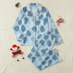 Women's Monochromatic Pale Linen Blue Soft Organic Amorphous Shapes Minimalist Abstract Pattern Satin Pajamas Set