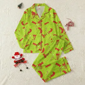 Holiday Celebrants Whimsical Lime Green Red Elf Hat Striped Leg Festive Pattern Satin Pajamas Set