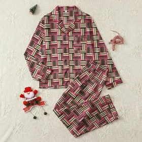 Modern Style Enthusiasts' Dynamic Abstract Geometric Interlocking Stripe Pattern in Olive Green, Hot Pink, Beige, Black Satin Pajamas Set