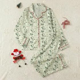 Bridal Party Members' Elegant Cream White Botanical Vine Leaf Pattern in Forest Green & Sage Satin Pajamas Set