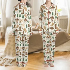 Western Christmas Lovers' Rustic Cowboy Santa, Green Cactus, Holly & Gold Snowflake Pattern on Cream Satin Pajamas Set