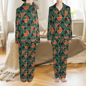 Bridesmaids' Minimalist Abstract Geometric Pattern Deep Forest Green Terracotta Orange Black White Outline Satin Pajamas Set