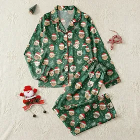 Festive Family Realistic Face Santa Hat Pattern Forest Green Pine Holly Red Ho Ho Ho Navy Blue Evergreen Satin Pajamas Set