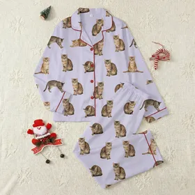 Cat Lovers' Detailed Realistic Tabby Cats All-Over Pattern Playful Poses Light Lavender Satin Pajamas Set