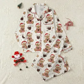 Cozy Holiday Fans' Whimsical Tan Red Green Striped Bear Hot Cocoa Sprinkle Pattern Satin Pajamas Set