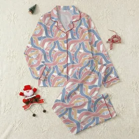 Women's Elegant Flowing Abstract Ribbon Shapes Muted Rose Pink Dusty Blue Beige Pattern Satin Pajamas Set