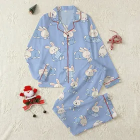 Cozy Aesthetic Lovers' Fluffy Off-White Yawning Bunnies in Blue Pajamas Seamless Periwinkle Dream Pattern Satin Pajamas Set