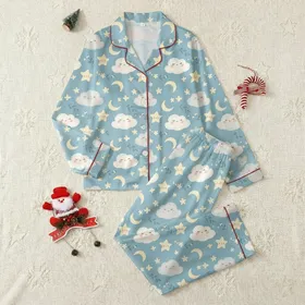 Adults' Muted Sky Blue Whimsical Hand-Drawn Smiling Clouds Winking Stars Moons Leafy Branches Seamless Pattern Satin Pajamas Set