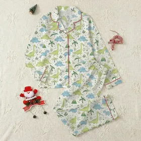 Kids' Whimsical Hand-Drawn Dinosaur Prehistoric Landscape All-Over Pattern Cream, Lime Green, Sky Blue Satin Pajamas Set